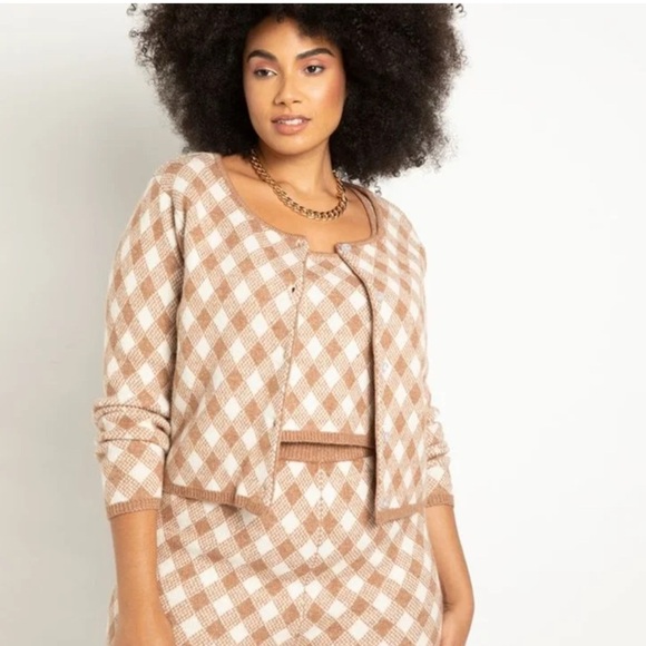 Eloquii 2pc Cardigan‎ Sweater 18/20 Brown & White Checkered - Picture 1 of 12